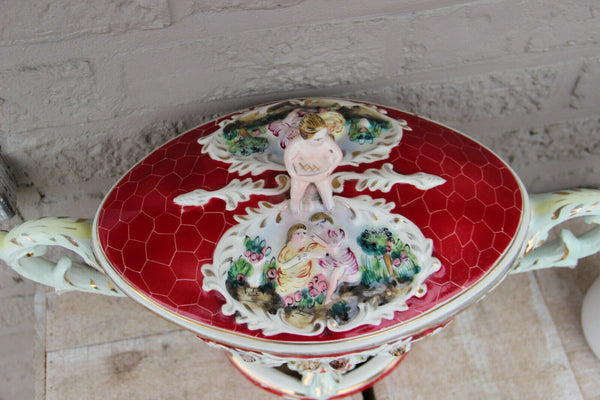 Large italian capodimonte marked porcelain centerpiece lidded bowl putti