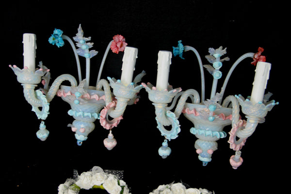 PAIR Murano hand blown glass Venetian wall lights sconces 1970 multi pink blue