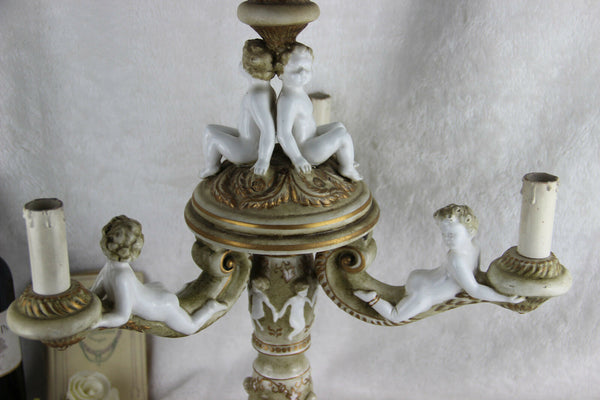Gorgeous Italian Faience Putti cherubs angels 3 arms candelabra lamp  1960's