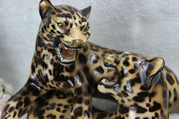 XL Italian mid century 1960 ronzan porcelain Panther leopard Group statue