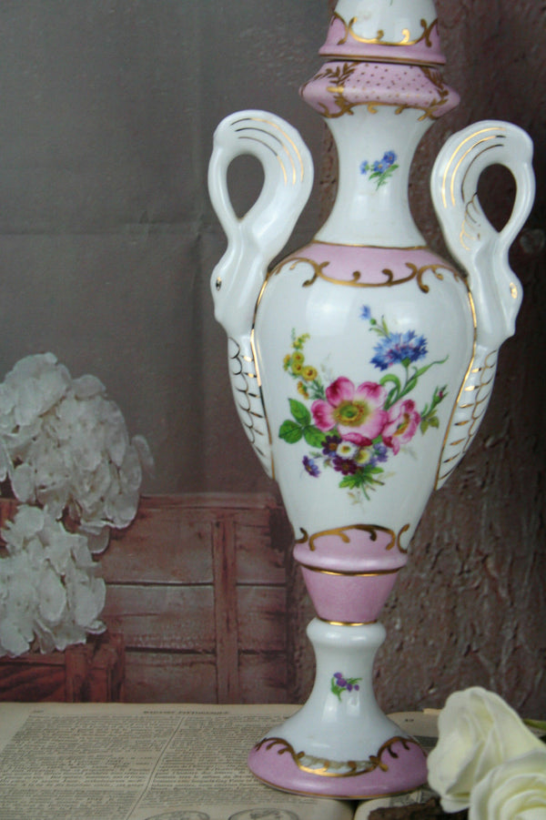 Exclusive PAIR French porcelain vases Swan handles marked floral pink limoges