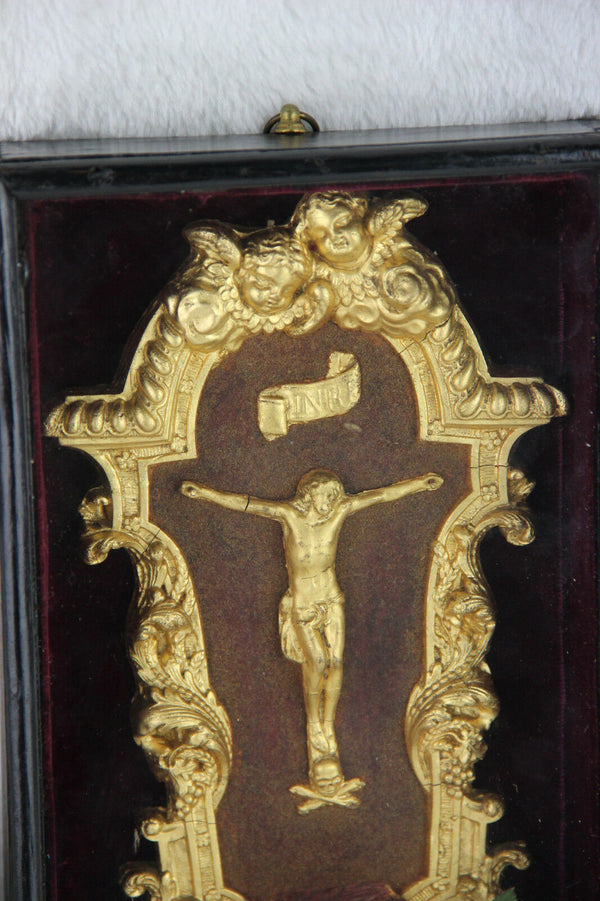 Antique french Napoleon III Crucifix holy font framed glass religious relic
