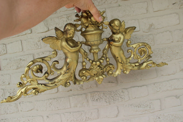 XL french chalkware Gold gilt pendiment fronton putti angels romantic Antique