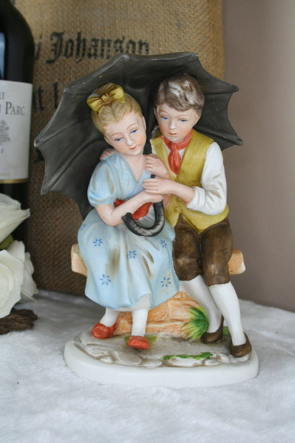 German vintage porcelain bisque romantic couple umbrella figurine 1960's