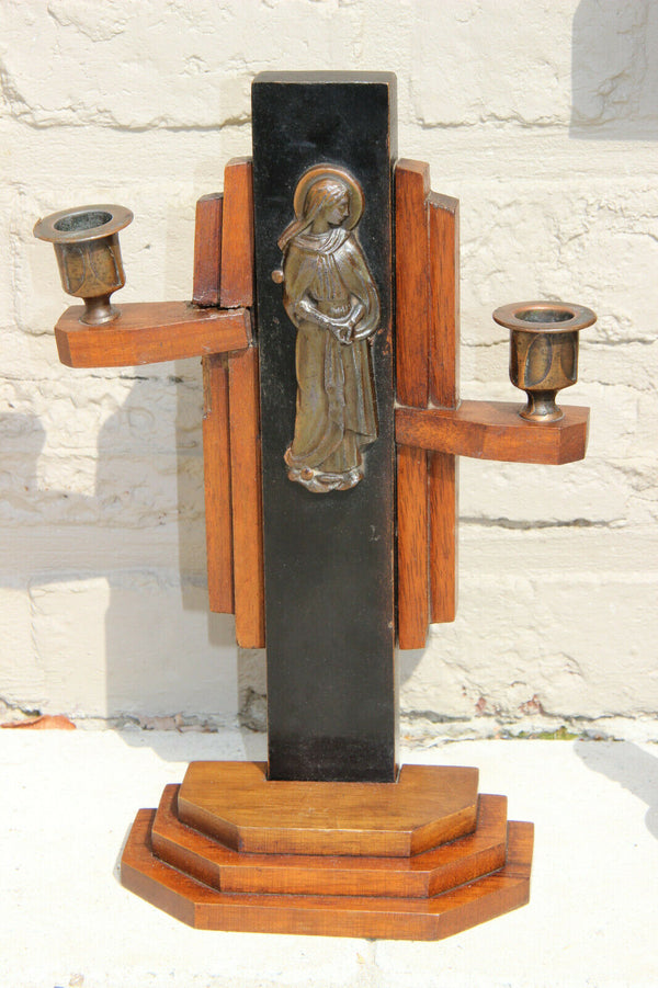 Antique ART DECO crucifix candlestick religious set wood metal