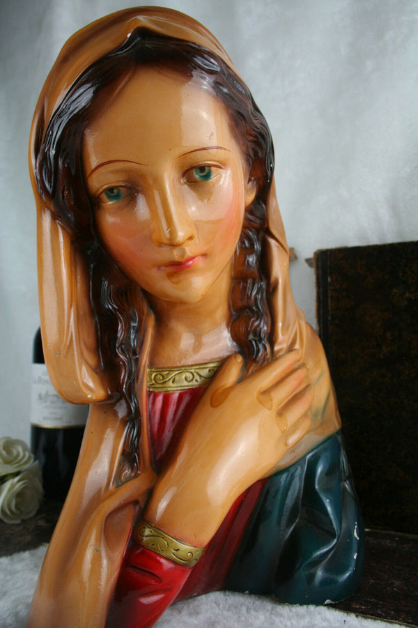 French antique 1930 Chalkware buste madonna mary polychrome marked religious