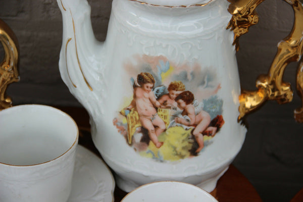 Rare French antique porcelain putti angel coffee milk sugar tea cups set