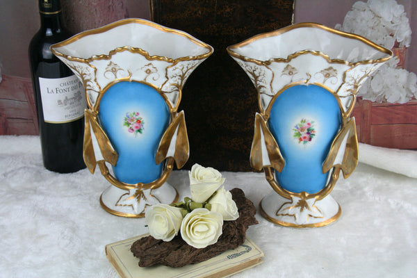 PAIR french vieux paris porcelain Vases floral decor louis-philippe cornet 1900