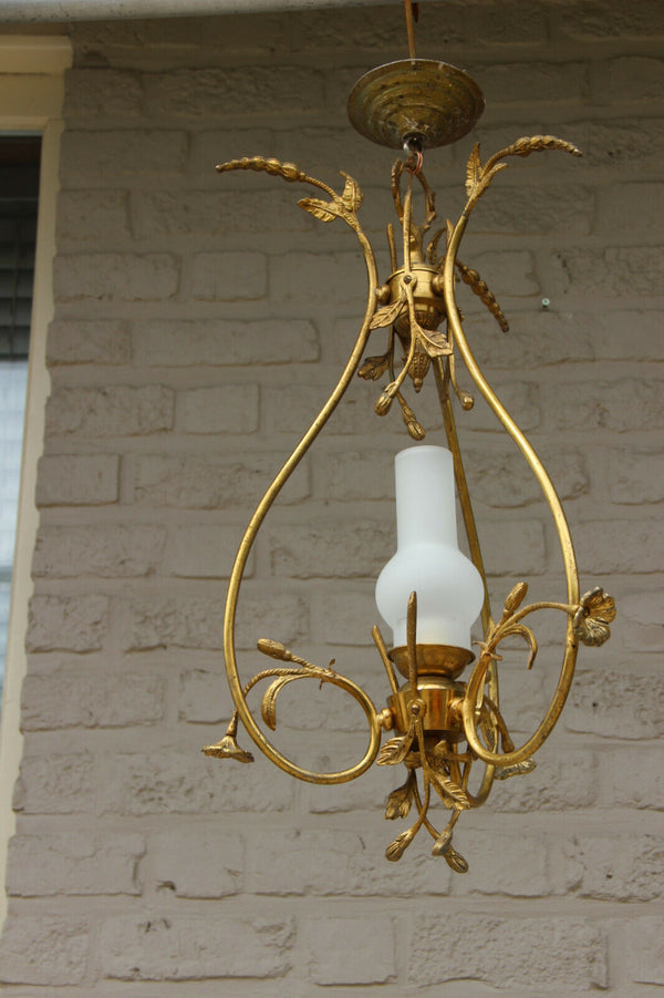 French Brass opaline glass Chandelier pendant lamp floral decor 1950