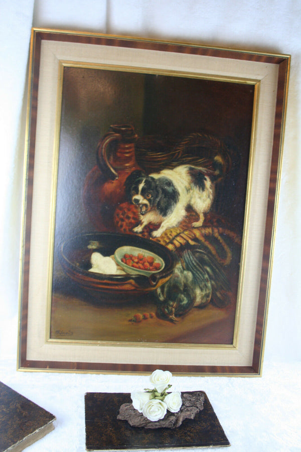 Dutch 60's  Oil on cardboard painting dog still life signed