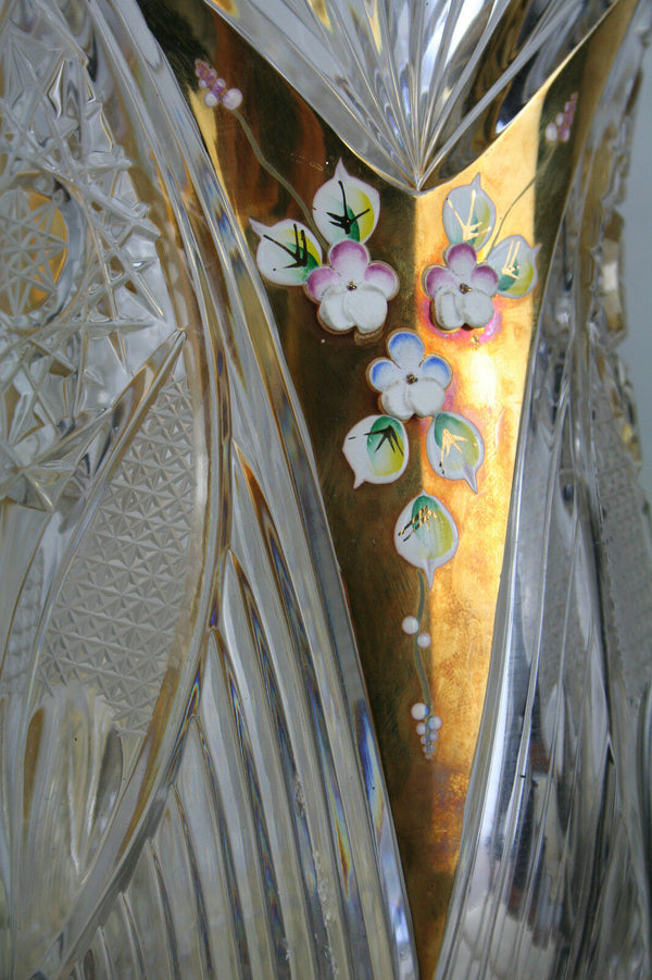 Gorgeous CRYSTAL CZECH Bohemian Vase enameled Encrusted flowers