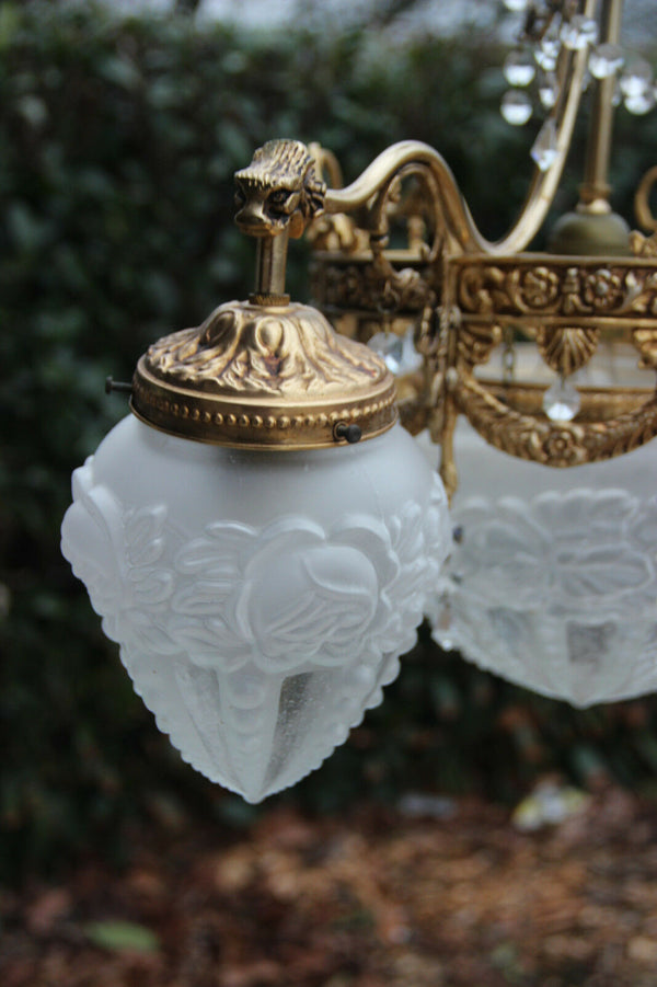 French Chandelier brass glass gothic dragon arms louis XVI decor  1960 n1