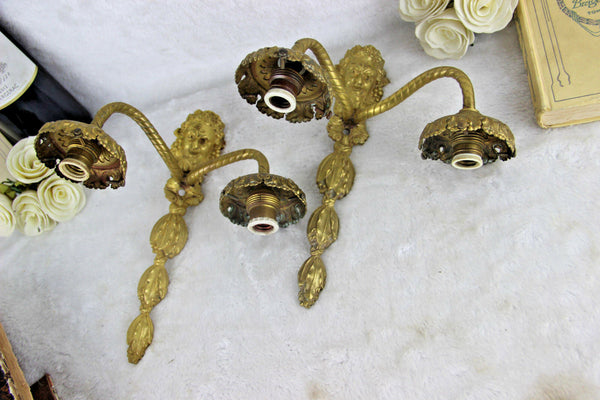 PAIR french brass Devil faun satyr head portrait sconces wall lights 1950's