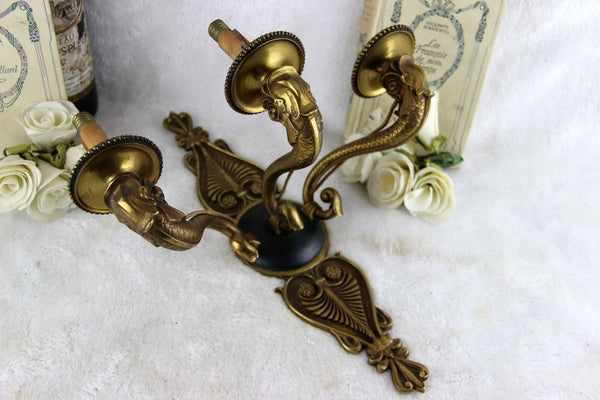 LArge  Antique french Empire Fish dolphin 3 arms wall light sconce 1930