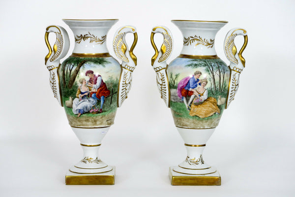 PAIR large French porcelain Vases victorian romantic scene swan birds