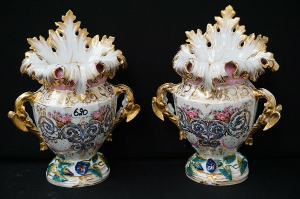 Pair large French antique 1900 Vieux paris porcelain Cornet Vases floral swans