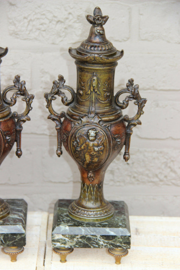 PAIR antique spelter bronze putti angel romantic Marble base Vases urn