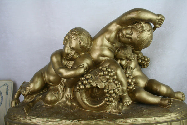 XL French signed Terracotta gold gilt putti faun satyr group sculpture statue