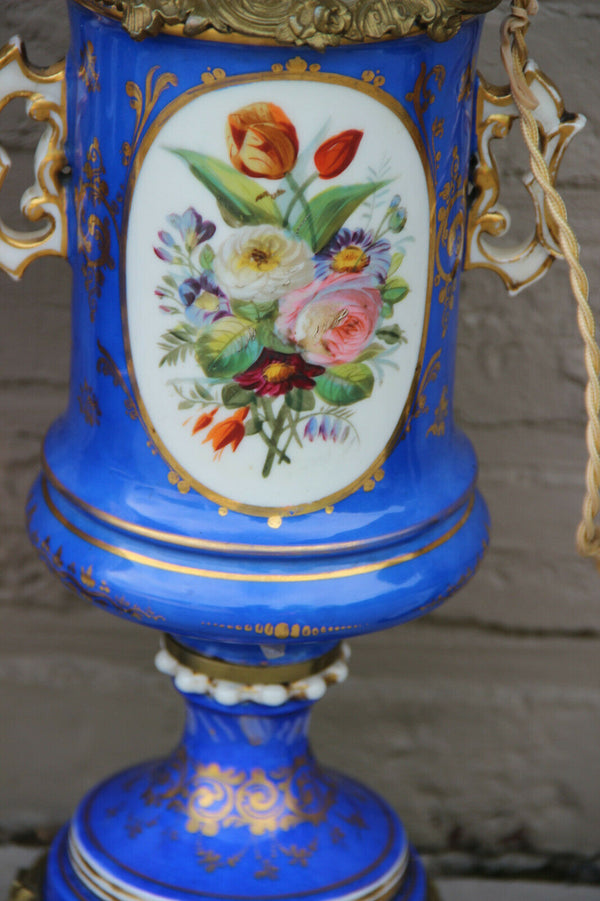 Huge PAIR French antique oil lamp Vieux paris porcelain portrait floral decor