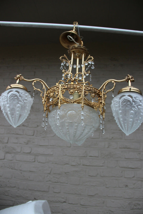 French Chandelier brass glass gothic dragon arms louis XVI decor  1960 n1