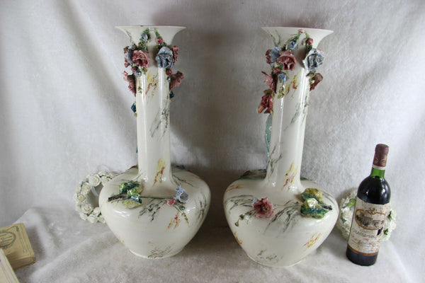 PAIR antique French barbotine majolica Victorian lady man figurine relief vases