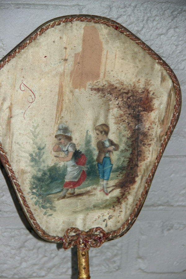 PAIR antique 19thc victorian Hand fireplace fan Silk romantic boy girl