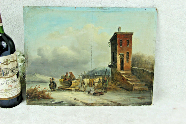 Antique 19thc Holland oil panel painting winter scene horse dog sled