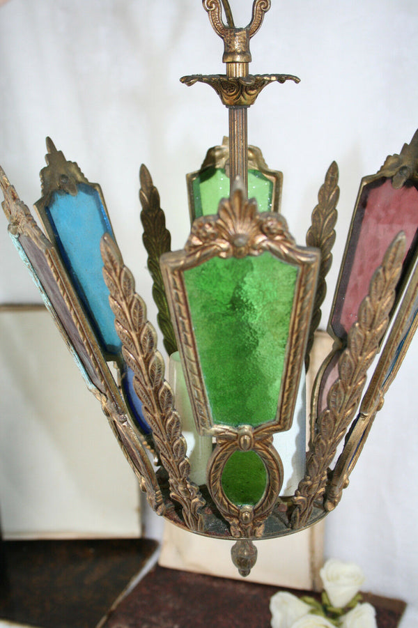 antique rare french stained cleared glass chandelier multi colour lantern lamp