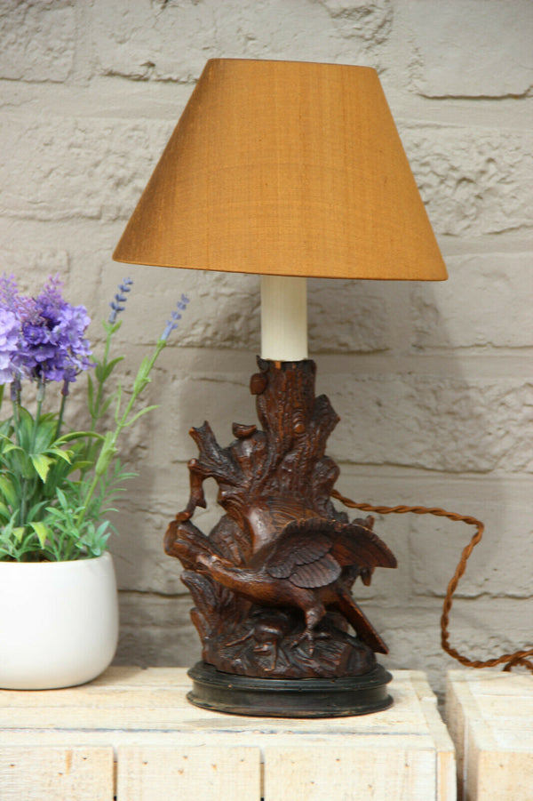 Antique German black forest wood carved Bird table lamp 1900