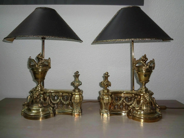 PAIR antique Bronze empire fireplace andirons lion heads mounted table lamps