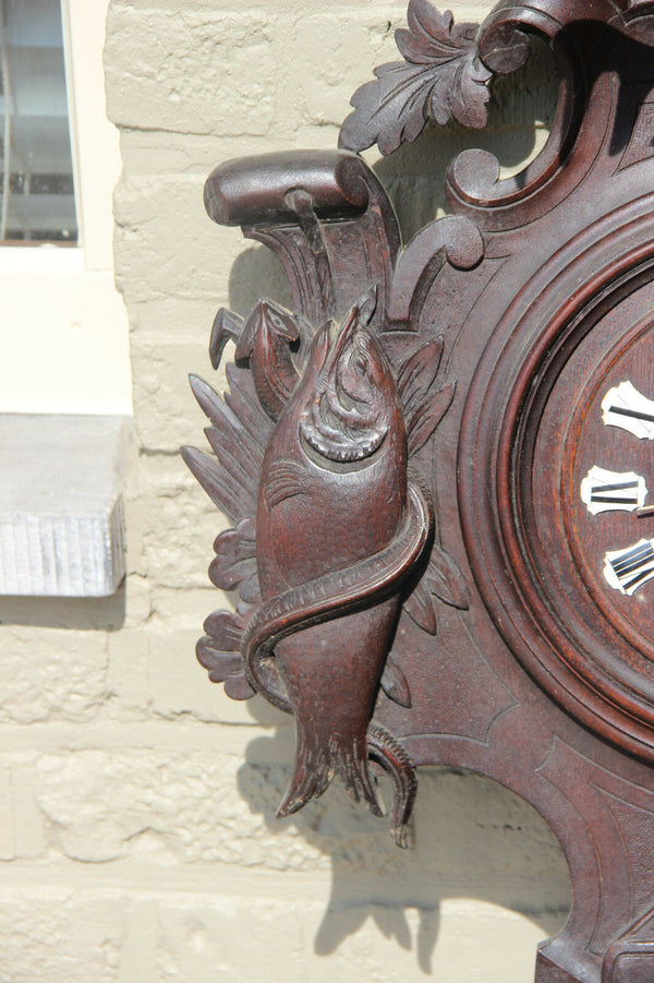 antique German 1900 Black forest wood carved Wall clock hunting trophy fish bird