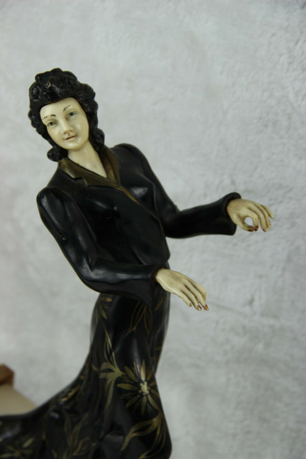 XL ART DECO 1930 french elegance lady statue marble onyx base spelter ivorine