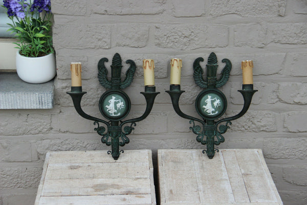 PAIR antique French bronze Wedgwood porcelain plaque wall lights sconces putti