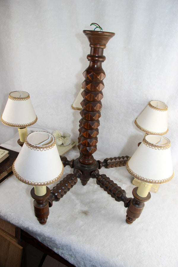 French art deco Wood carved 5 arms chandelier barley twist geometric design rare