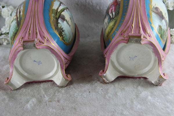 Pair antique French sevres porcelain vases romantic decor marked 19thc