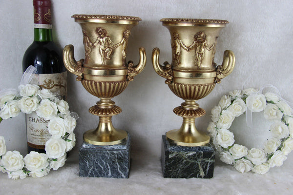 PAIR vintage French metal gold gilt marble putti cherubs angel Urns vases