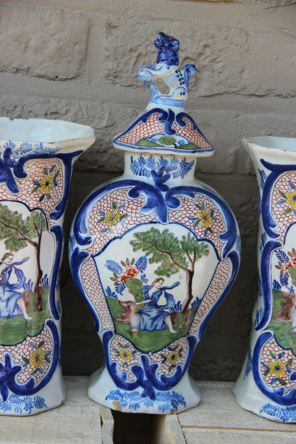 Antique holland 19th Adriaen kocks Delft pottery marked set 5 vases