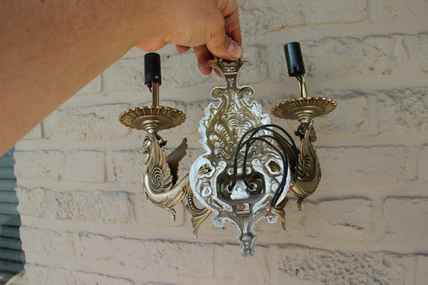 PAIR vintage Brass silver patina Dragon gothic castle sconces wall lights 1960