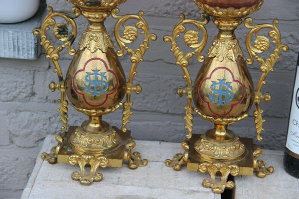 Rare Antique bronze French Church altar PAIR oil Lamps enamel decor religious