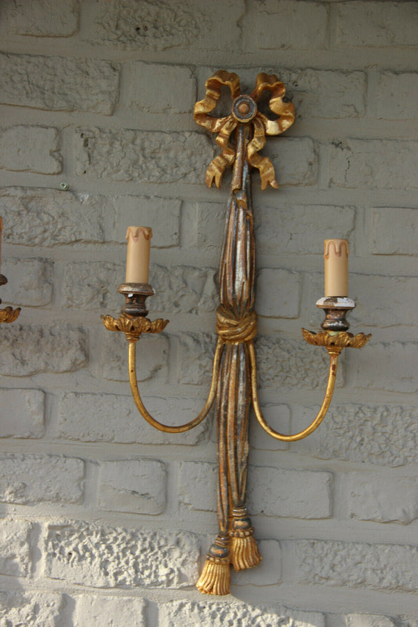 huge pair italian Maison chelini Wood Carved Louis XVI wall sconces lights 1970