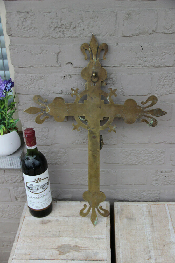 Antique XL church Religious Crucifix Bronze fleur de lys france