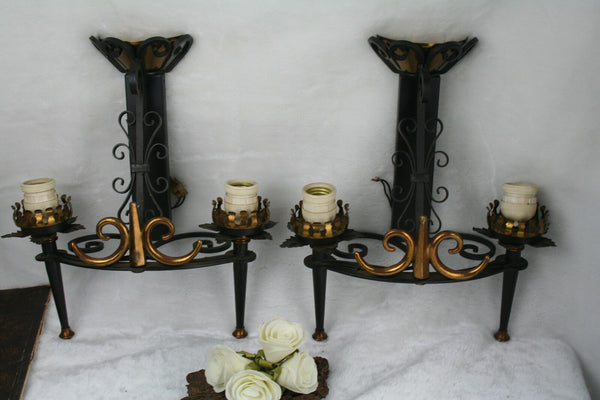 PAIR cast iron metal gothic castle  French 1960s Vintage Sconces wall