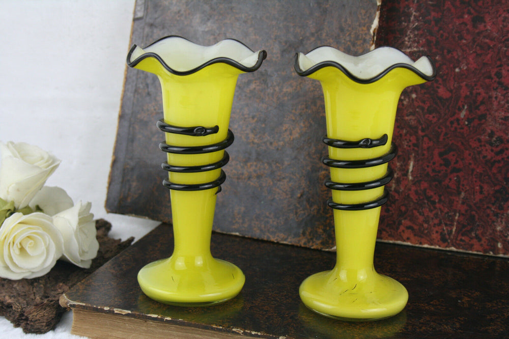 Set of 2 Vintage opaline glass yellow coloured black snake 1960's