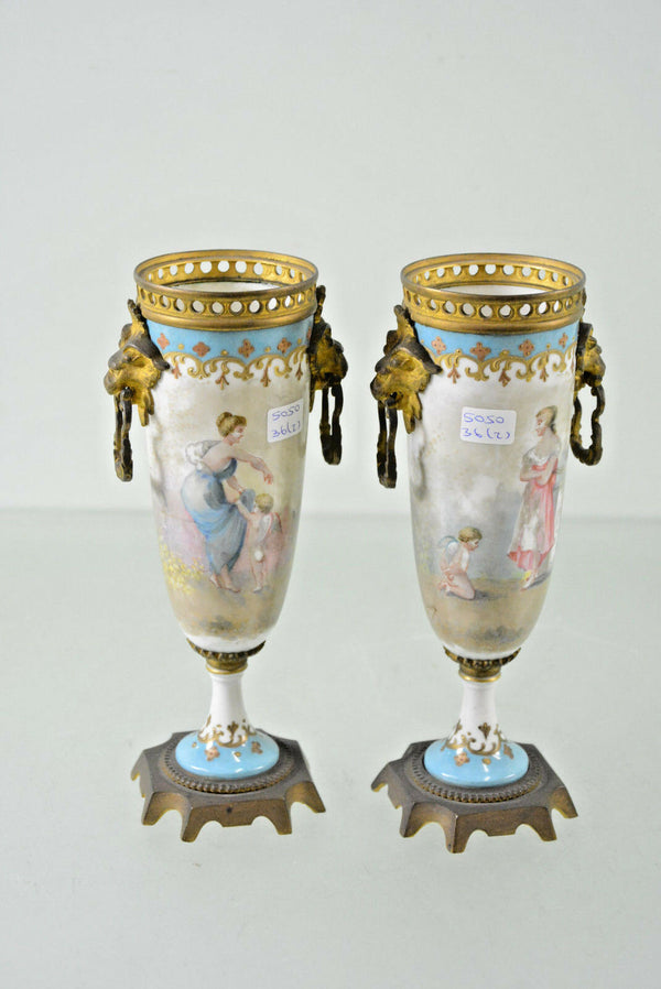 PAIR french Sevres porcelain putti victorian romantic lion bronze heads urns