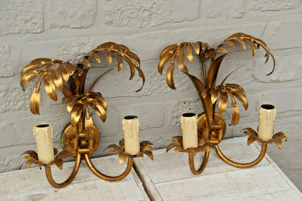 PAIR  1970 Palm tree metal gold gilt sconces wall lights attr Hans Kogl