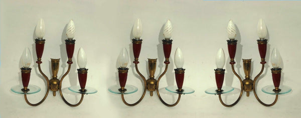 Set 3 Mid century vintage italian wall lights sconces burgundy red 4 arms 1970
