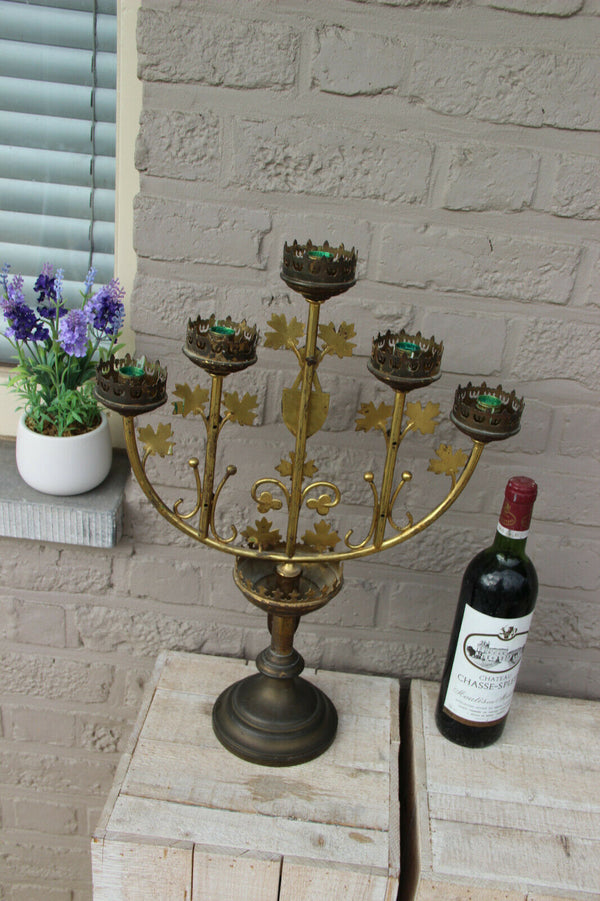 Antique French Religious copper altar candelabra candle holder stones