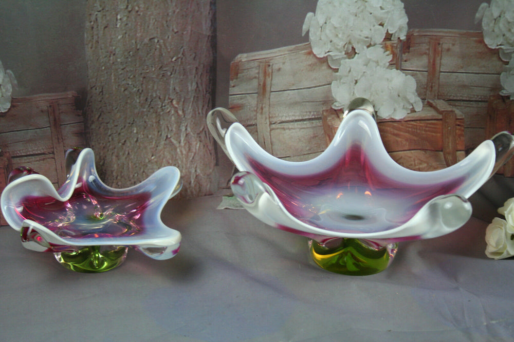 RARE pair Italian Murano art glass bowls coupe center pieces nice colours