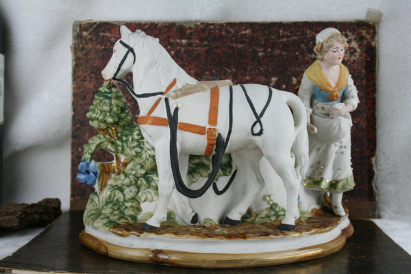 Gorgeous German antique bisque porcelain horse farm girl planter jardiniere