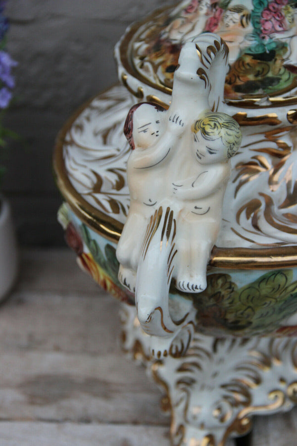 huge italian capodimonte marked porcelain centerpiece lidded bowl vase putti